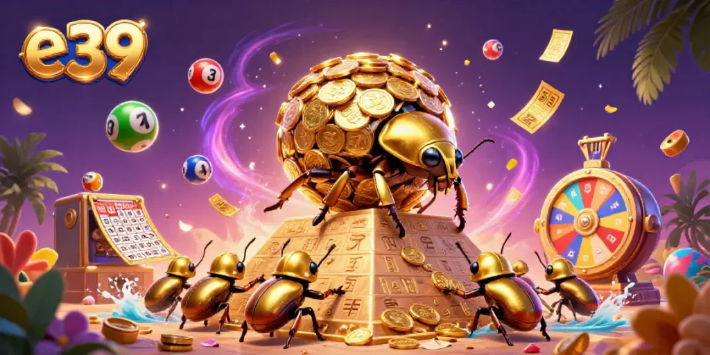 Experience e 39 with vibrant casino elements and a golden beetle rolling coins in a dynamic scene.
