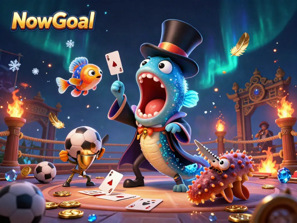 Experience live betting action with NowGoal's vibrant sports-themed illustration featuring interactive characters.