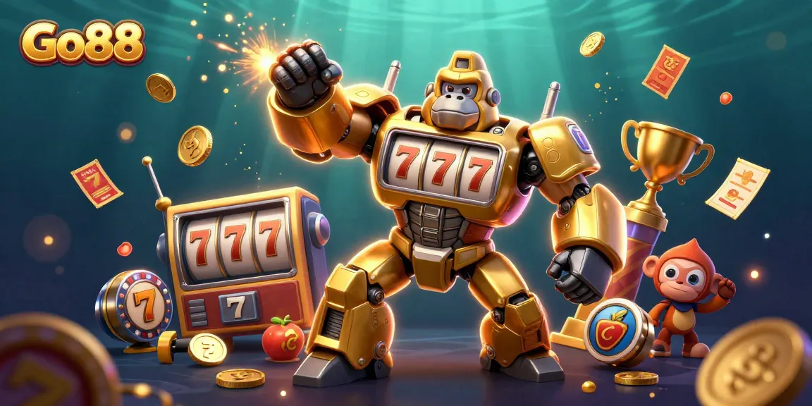 Experience the excitement at Go88 with a dynamic 3D illustration of a slot machine mech and casino elements.