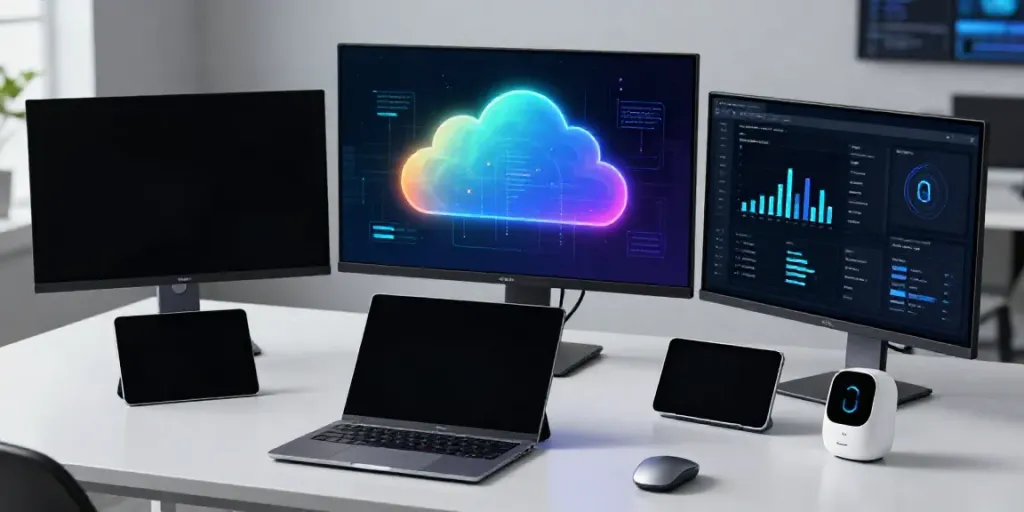 Urlaub Oman: Technologie-Frontend zeigt innovative Softwarelösungen und Cloud-Dienste.