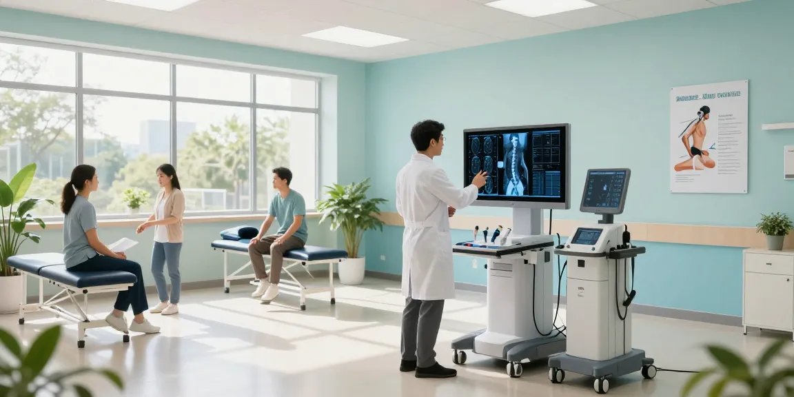 Neuro Spine Care Center with healthcare professionals discussing patient scans in a serene environment.