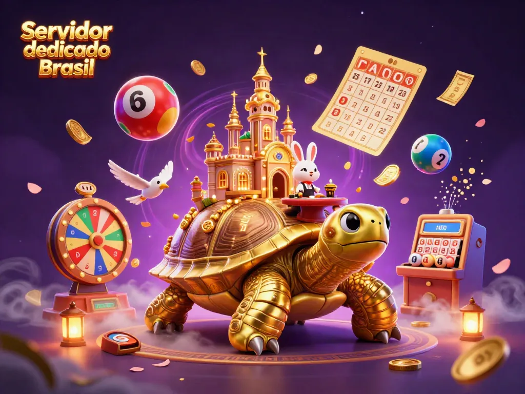 Experience the thrill of Servidor dedicado Brasil with a vibrant 3D casino scene featuring a golden tortoise and lively game elements.