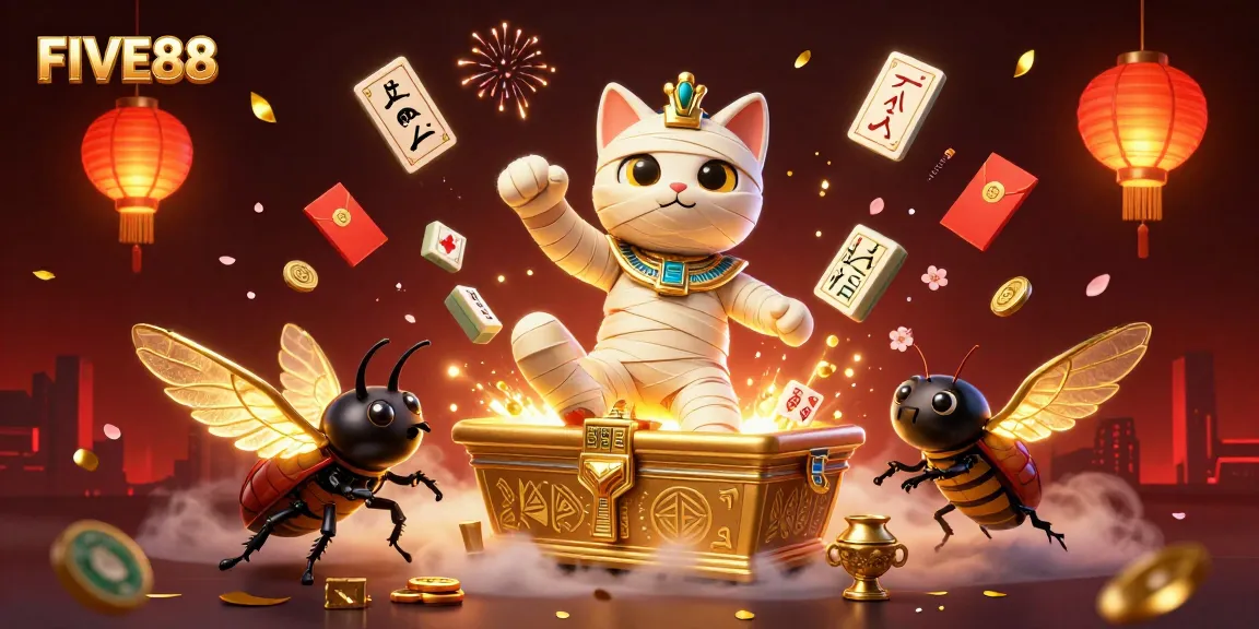 FIVE88 illustrations of an Egyptian mummy cat emerging in a vibrant casino scene.