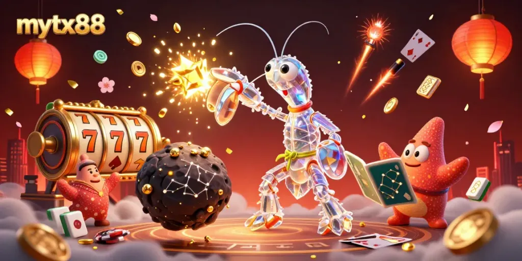 Mytx88 players spinning slot reels with golden coins exploding and colorful poker elements in a vibrant digital scene.
