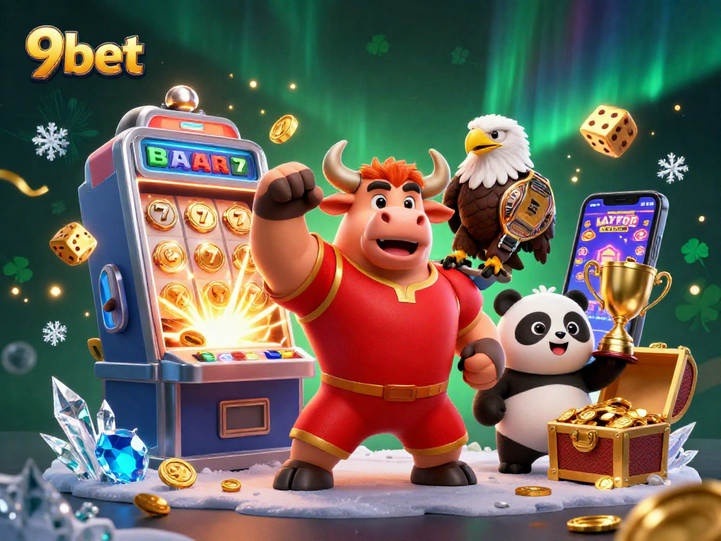 Experience the excitement of 9bet with a vibrant casino scene featuring cartoon characters and winning games.