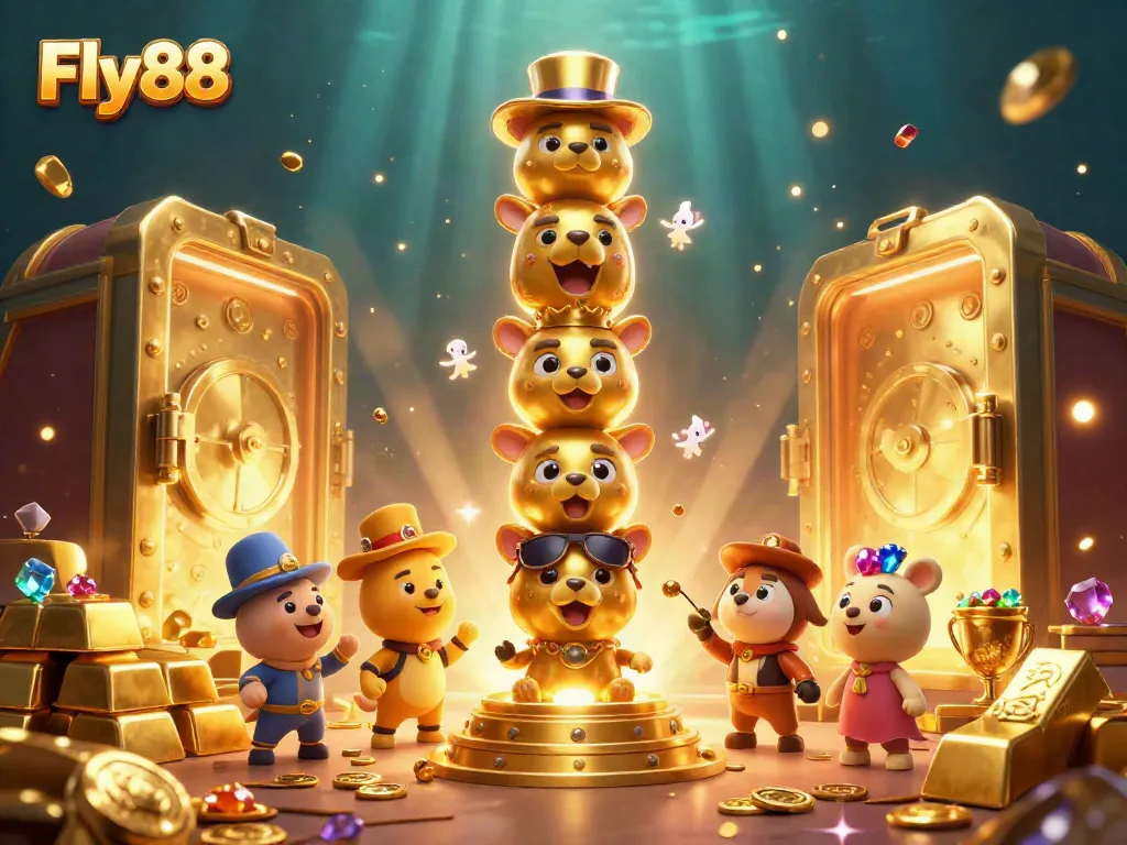 Experience exceptional gaming excitement with Fly88 at this lively 3D casino scene full of treasures.