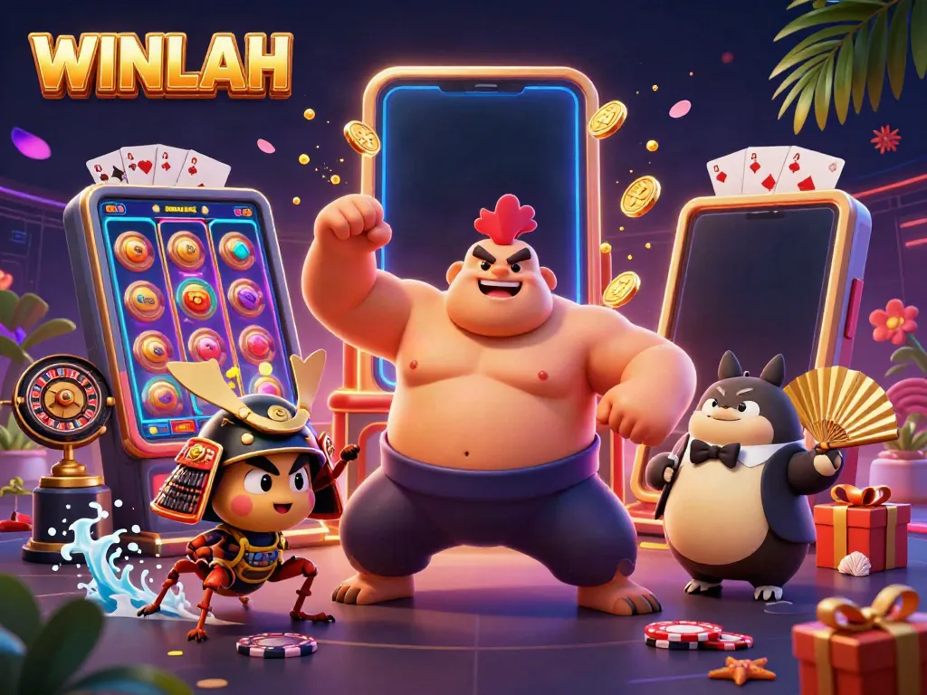 Experience the excitement of WINLAH with a colorful, dynamic 3D casino scene featuring vibrant characters and gaming elements.