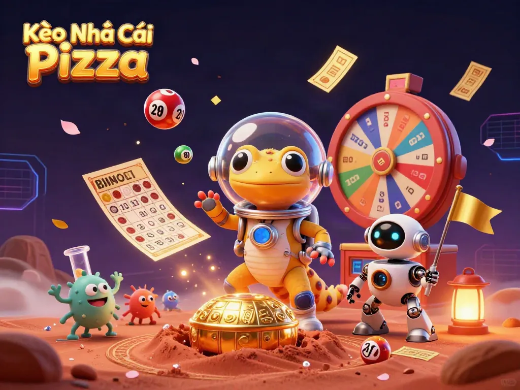 Kèo Nhà Cái Pizza showcases a Martian gecko discovering a gold casino amidst vibrant lottery elements.