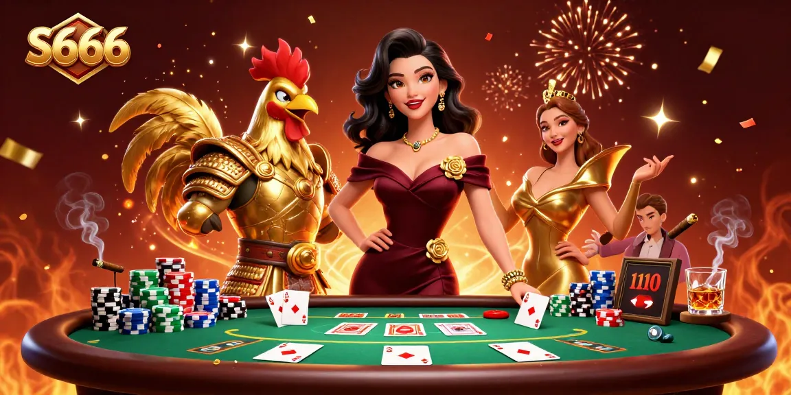 S666 delivers an exhilarating poker experience with a glamorous woman and golden rooster warrior amidst vibrant chips and cards.