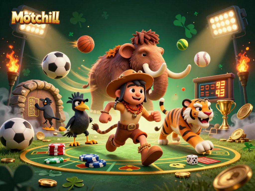 Experience thrilling gameplay at Motchill's prehistoric casino with vibrant characters and dynamic elements.