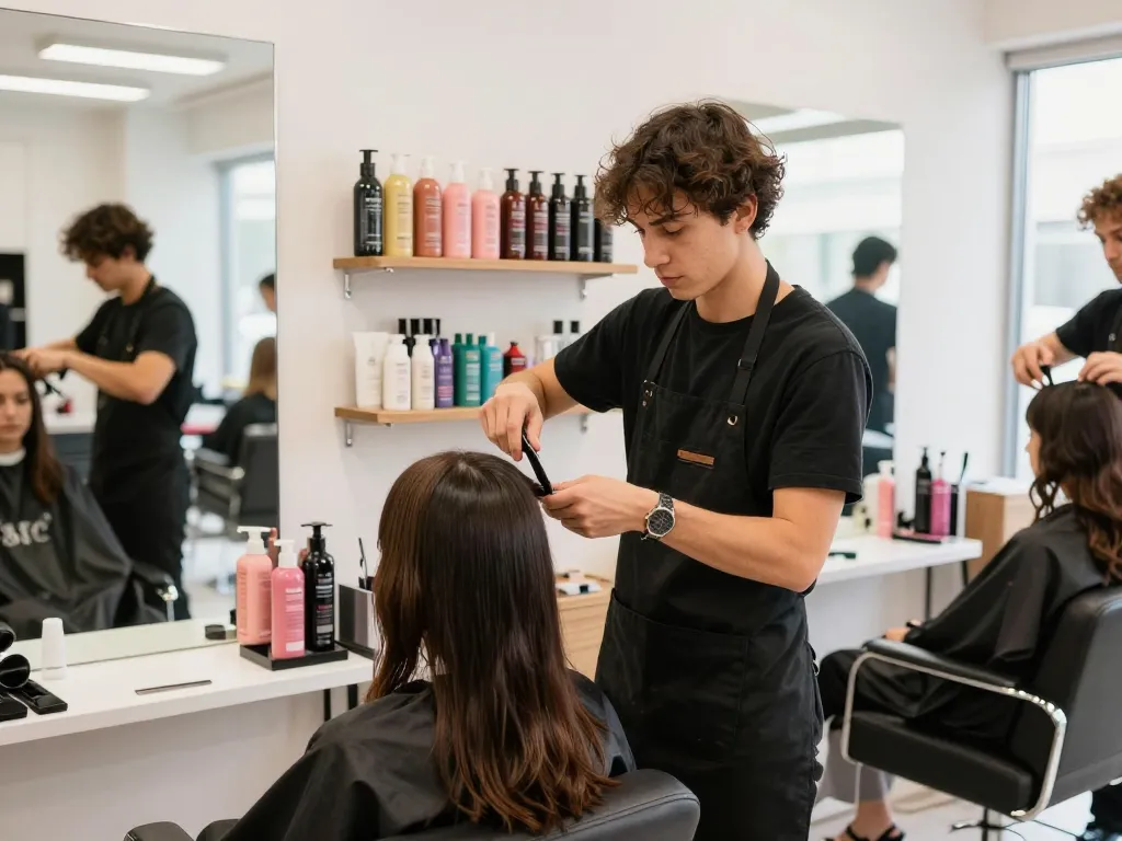 Estilista profesional realizando un corte de cabello en una peluquería moderna, mostrando un ambiente vibrante de salon y productos para el cabello.