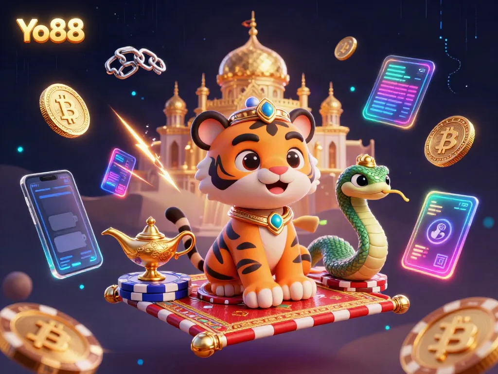 Experience the thrilling world of Yo88 with a vibrant 3D illustration showcasing a sultan and genie amidst casino elements.