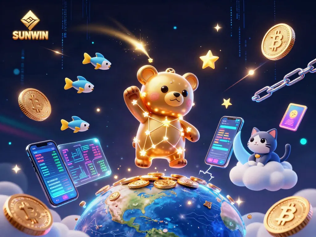SUNWIN players scoop up winnings in a dynamic casino scene with vibrant 3D visuals and crypto elements