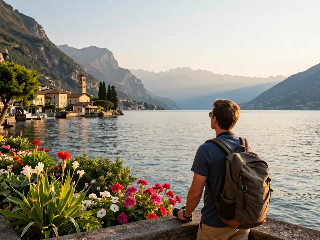 Ein Reisender genießt einen malerischen Blick auf den Gardasee und ist inspiriert, seinen Urlaub am Gardasee zu planen.