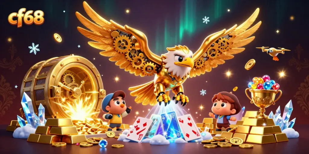 Engage in exciting games at cf68 with a vibrant 3D casino scene filled with golden treasures.