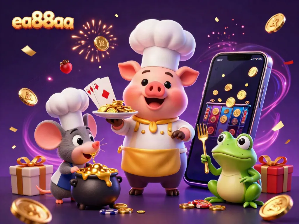 Experience the vibrant online casino world of ea88aa with a colorful 3D scene featuring a chef pig and casino elements.