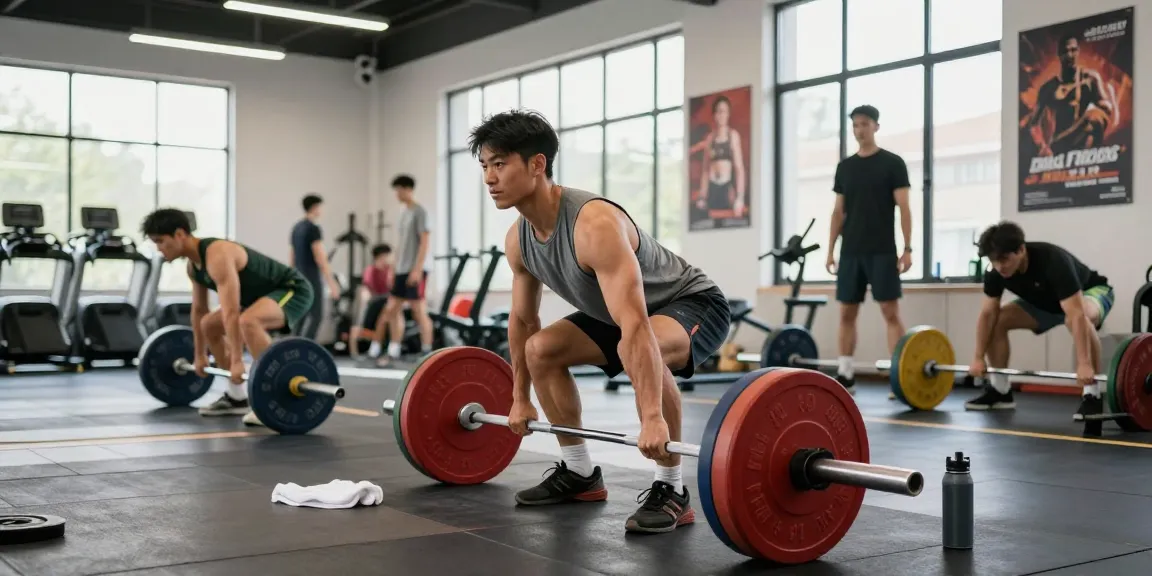 Deus Shop: Sportler hebt Gewichte im modernen Fitnessstudio.