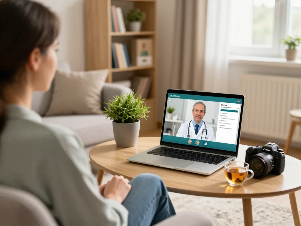Patient bespricht Cannabis Rezept Online bestellen mit einem Arzt über Telemedizin in einem gemütlichen Wohnzimmer.