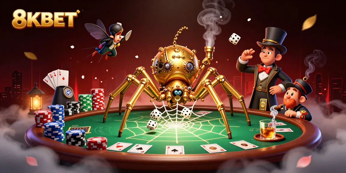 8KBET showcases a captivating 3D image of a steampunk spider webbing together poker elements, representing luck.