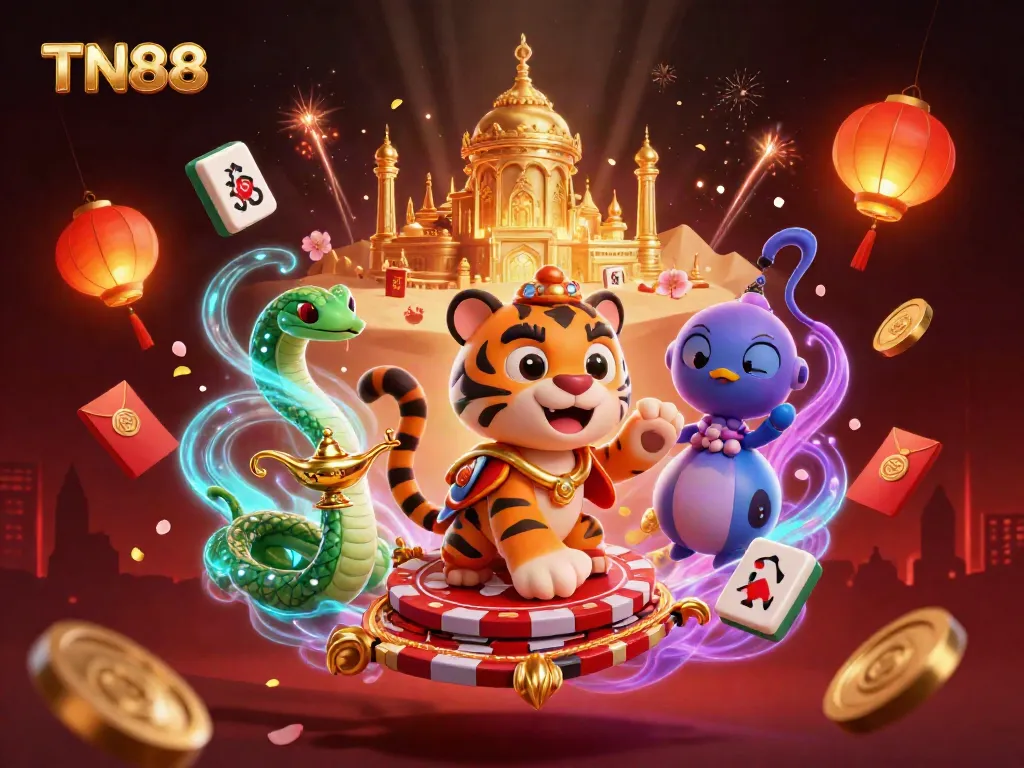 Experience the thrill of TN88 casino gaming with a magical sultan and vibrant carnival elements.