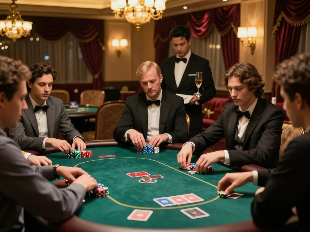 Players strategizing at an upscale VIP poker table, showcasing 79kingz excitement in gambling.