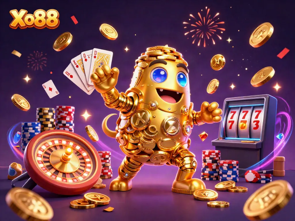 Xo88 delivers vibrant gaming experiences with a 3D cartoon casino scene showcasing golden elements and interactive game icons.