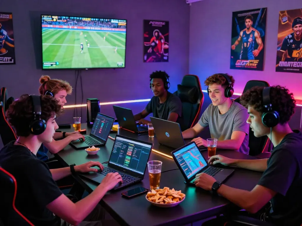 Excited gamers enjoying a c168 online betting experience with laptops and vibrant lighting.
