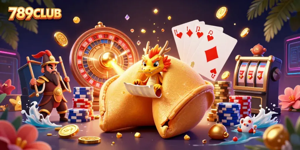 Engage with the 789CLUB casino adventure featuring golden elements and a fortune cookie theme.