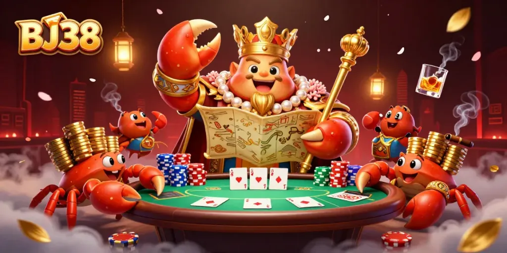 BJ38 showcases a vibrant casino scene with a golden crab emperor and poker elements, capturing thrilling gameplay.
