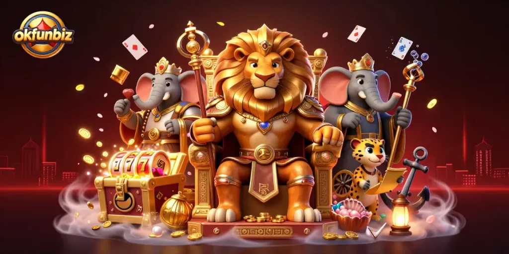 Engage with exciting slots at okfunbiz while witnessing a majestic lion king surrounded by gold and treasure.