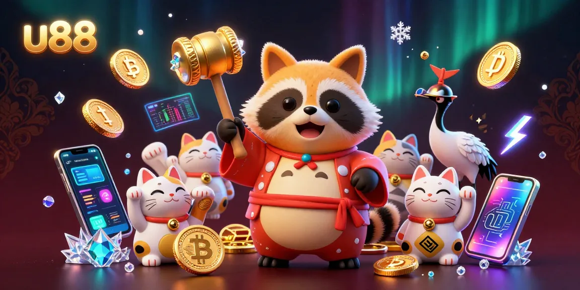 u88 casino illustration featuring a cheerful tanuki with fortune cats and cryptocurrency elements, showcasing vibrant details.