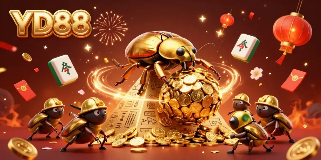 Experience YD88 as a cartoon beetle triumphs rolling coins to secure big winnings in a dynamic casino scene.