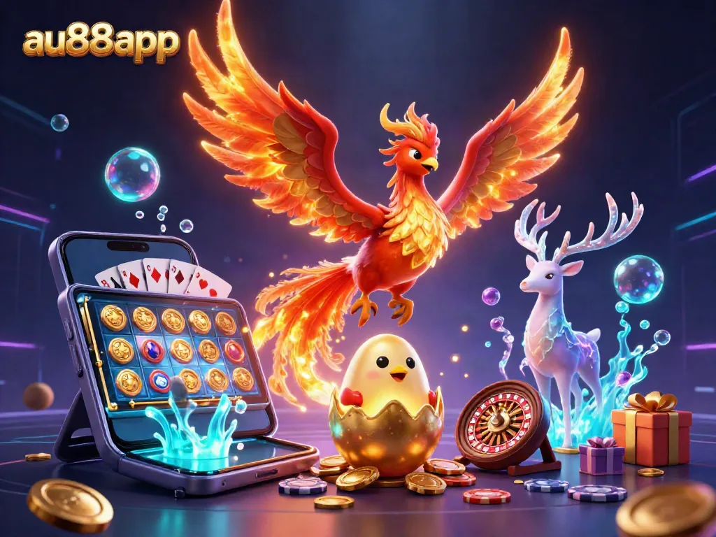 Engage with dynamic slot adventures using au88app, showcasing vibrant phoenix and casino elements.