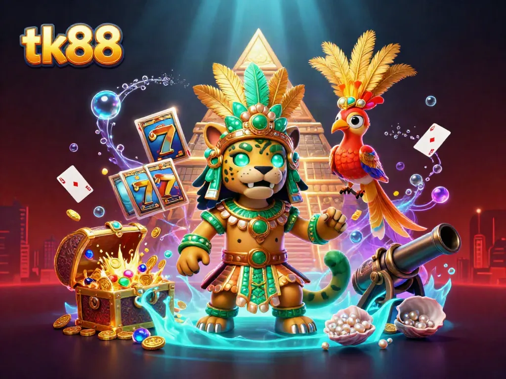Engage in thrilling slots action with tk88's vibrant, colorful casino environment featuring dynamic characters.