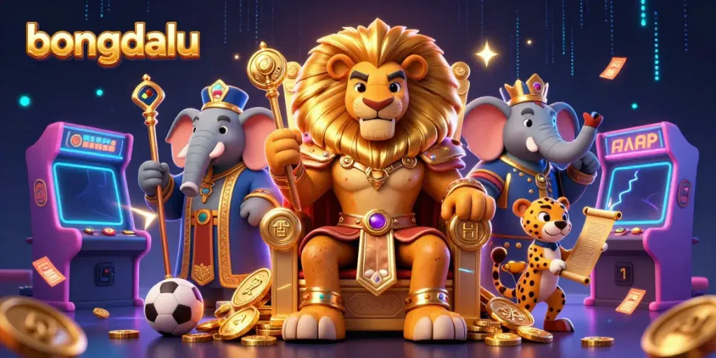 Bongdalu's dynamic scene showcasing a lion king, elephant advisor, and cheetah messenger amidst colorful sports betting elements.