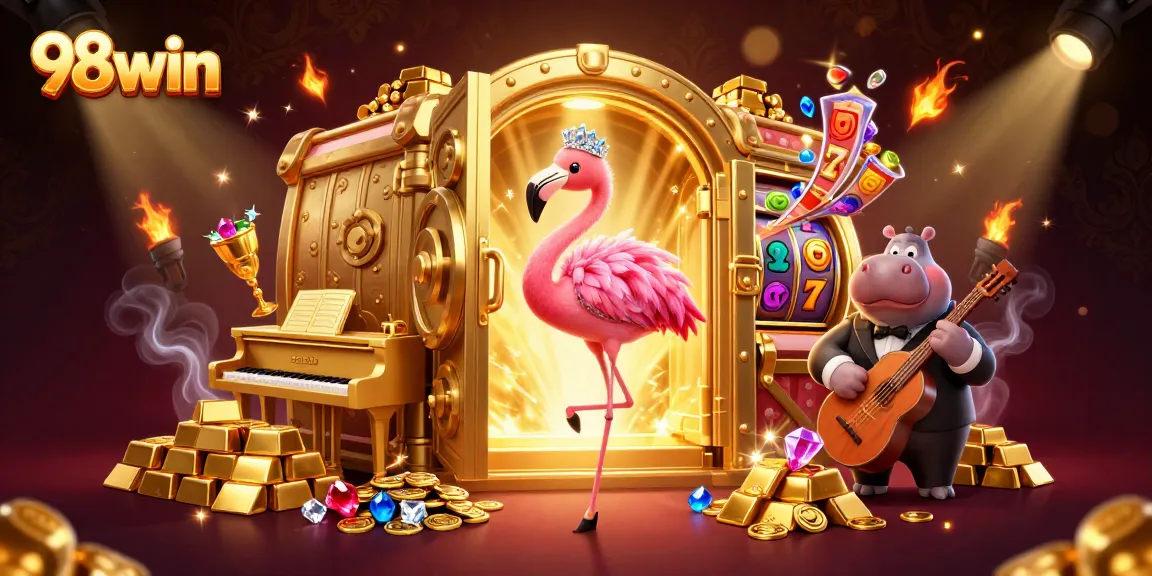 Engage with vibrant 98win scene showcasing a flamingo singer and hippo bassist amid golden treasures and slot reels.