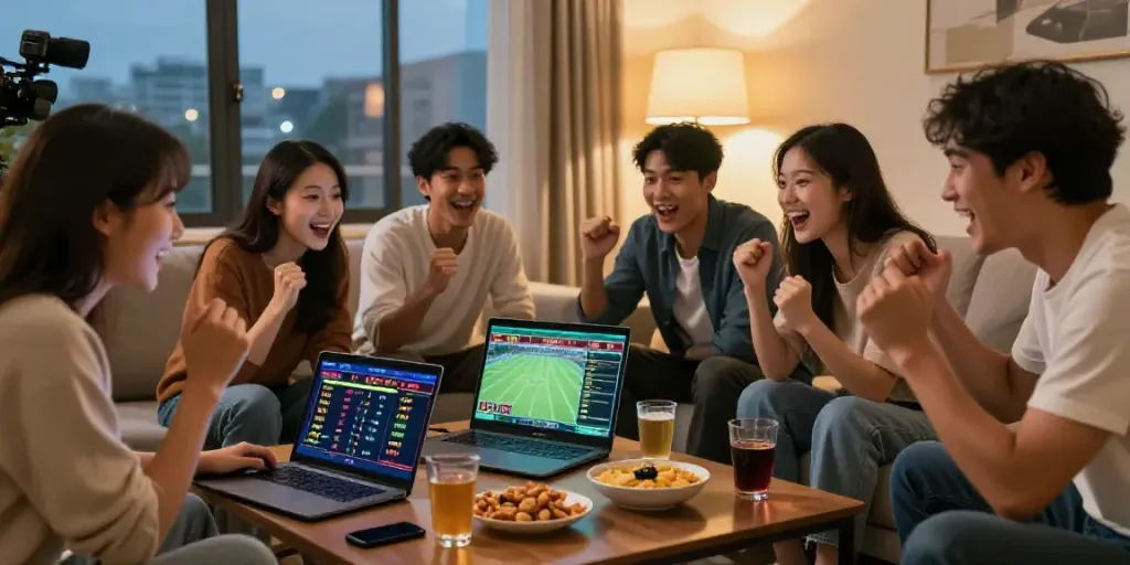 Friends enjoying exciting online betting with Alternatif Bola88 in cozy living room atmosphere.