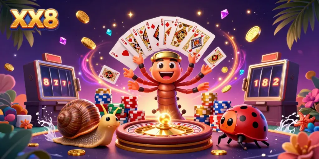 Win big at XX8 casino with a whimsical illustration of a millipede dealer, colorful chips, and cards