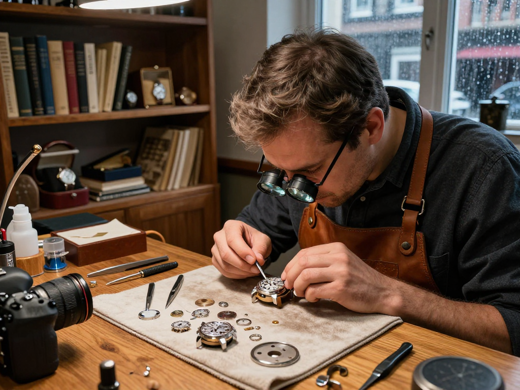 Expertly assembling Omega 8500 movement parts in a cozy watch repair workshop, showcasing precision tools and craftsmanship.