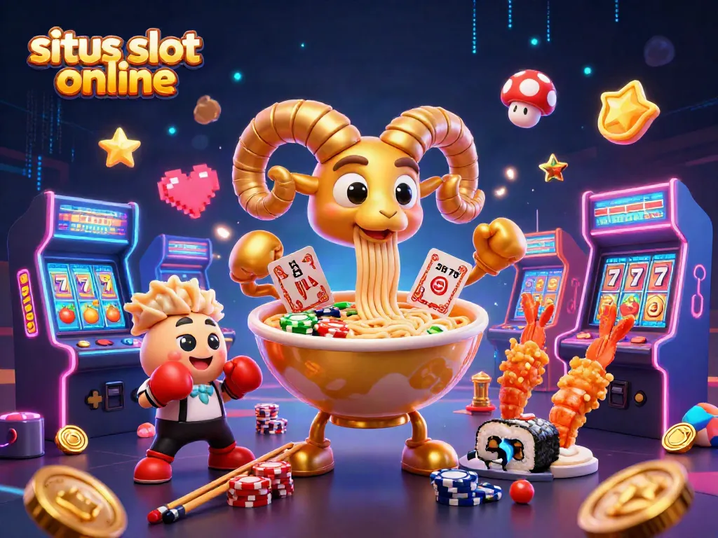 Experience thrilling gameplay at situs slot online with a vibrant 3D illustration featuring a golden ramen bowl and casino characters.