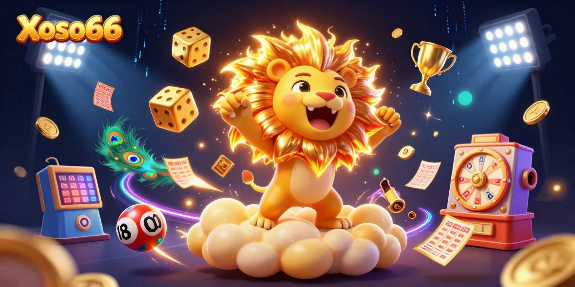 Xoso66 lottery scene featuring a roaring lion and golden dice, showcasing vibrant gaming elements.