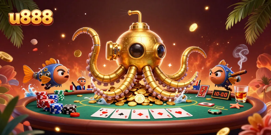 Play with u888 at a festive poker scene with golden creatures and coins surrounding rich gameplay elements.