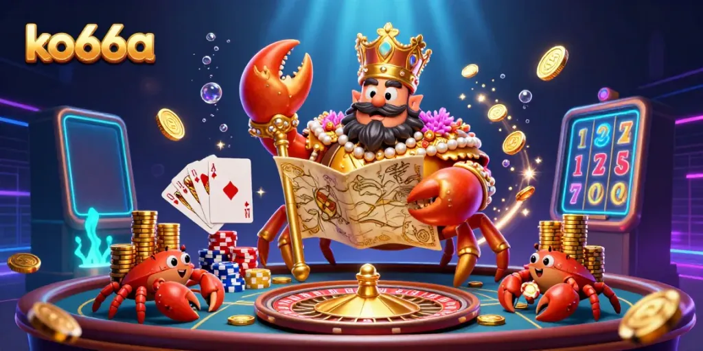 Experience the thrill of ko66a with our golden crab emperor set amidst cascading treasures and spinning roulette in a vibrant casino scene.