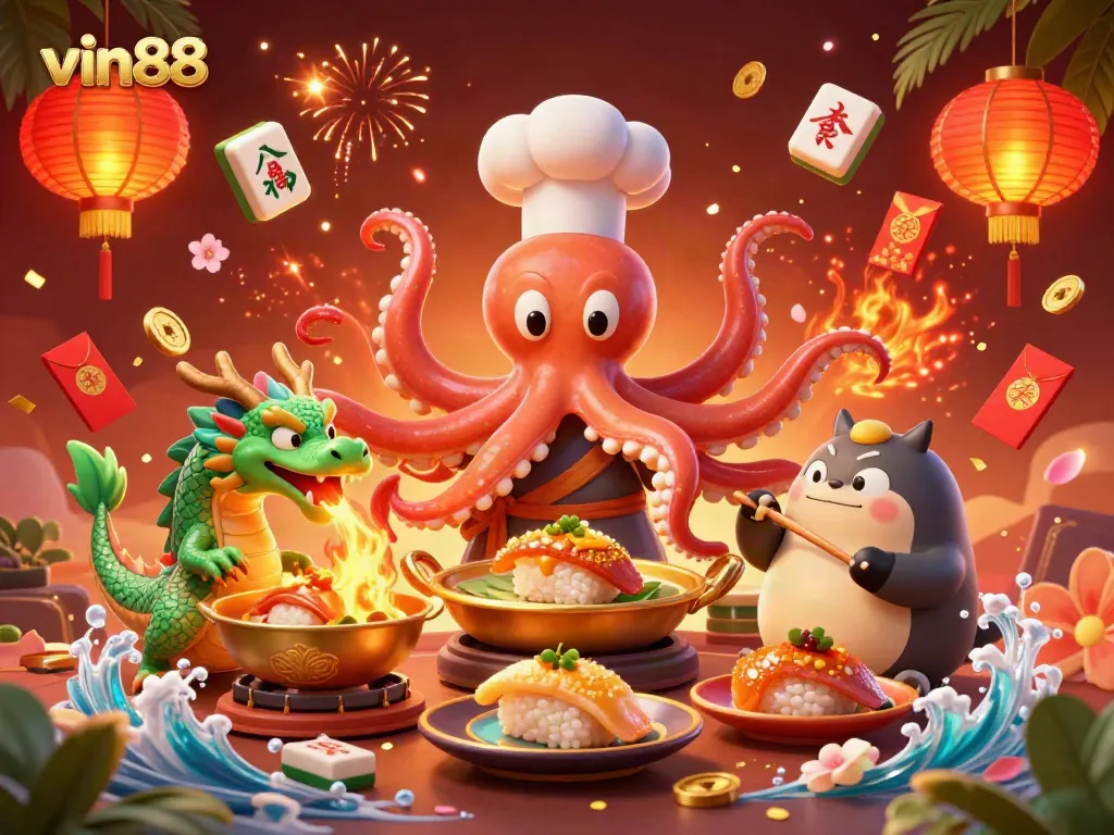 Experience thrilling wins at vin88 with a vibrant casino scene featuring a chef octopus, dragon, and tanuki.