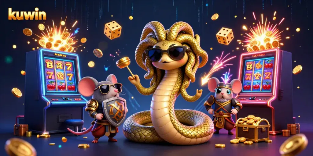 Experience exciting kuwin casino moments with a lively Medusa and warrior mouse in a vibrant 3D scene.