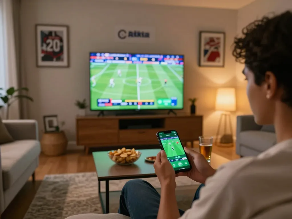 CakhiaTV user engaging in sports betting on smartphone during live football match.