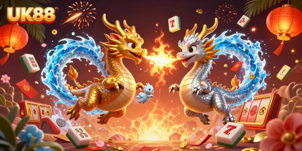 Experience UK88 with dynamic dragons and vibrant casino elements illustrating online gaming excitement.