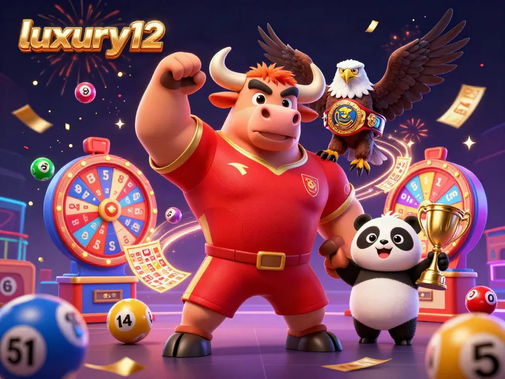 Experience luxury12 slot excitement with colorful game elements and winning mascots in this dynamic scene.