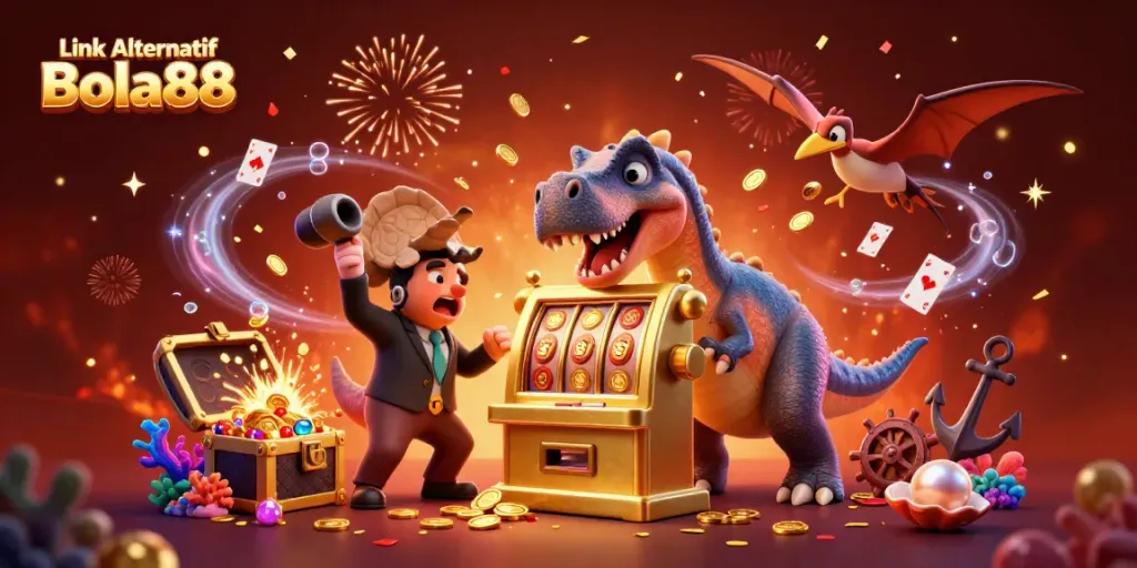 Experience exciting jackpots with Link Alternatif Bola88 in this vibrant 3D casino scene.