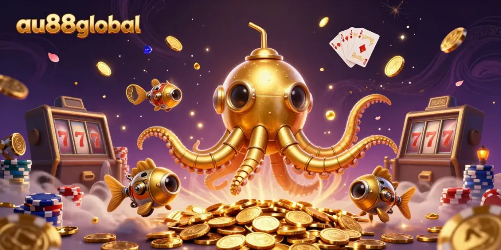 Experience thrilling gameplay with au88global in a vibrant scene showcasing golden kraken and casino elements.